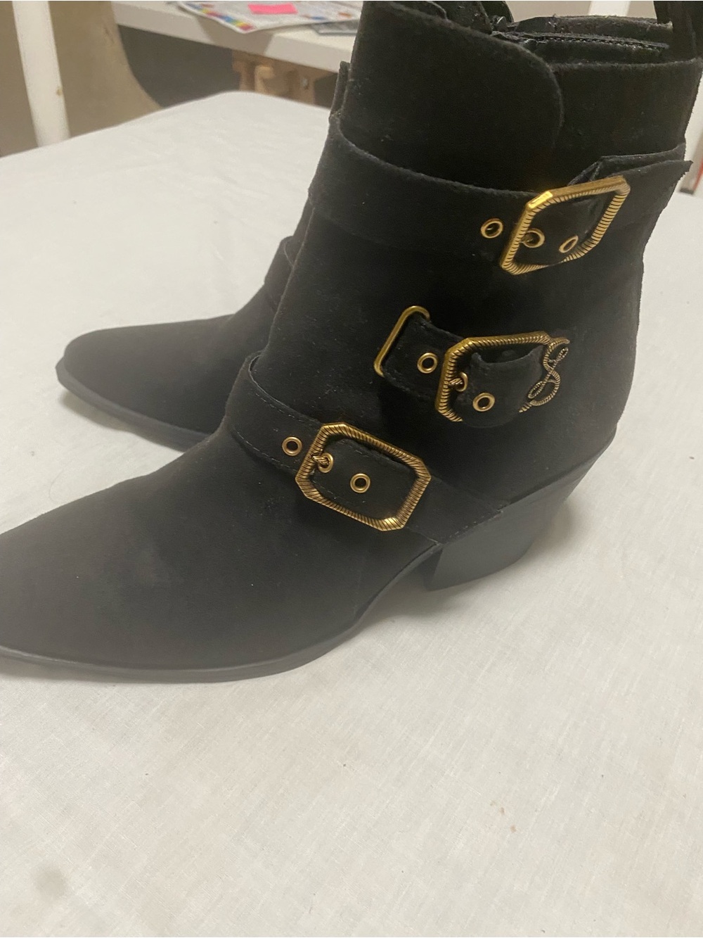 Sam & Libby Black Suede Ankle Boots with Gold Buckles - Women Size 9 Like New
